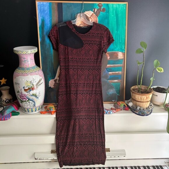 QED London Maroon and Black Geometric Short Sleeve Bodycon Dress Large - Picture 16 of 16